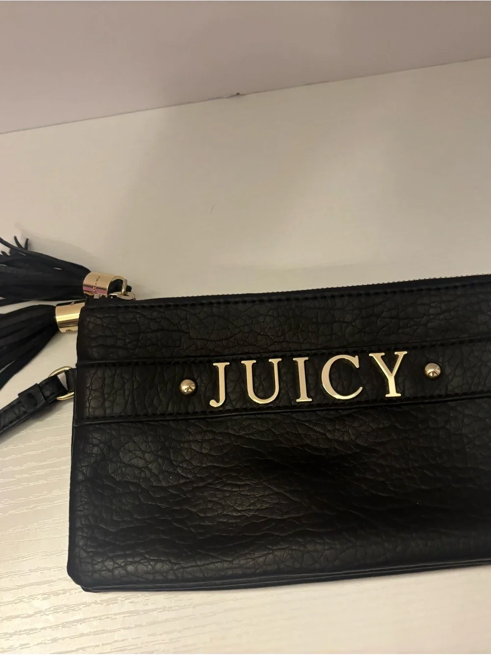Juicy Couture two zippers compartments Black Leather Wristlet with Gold Logo